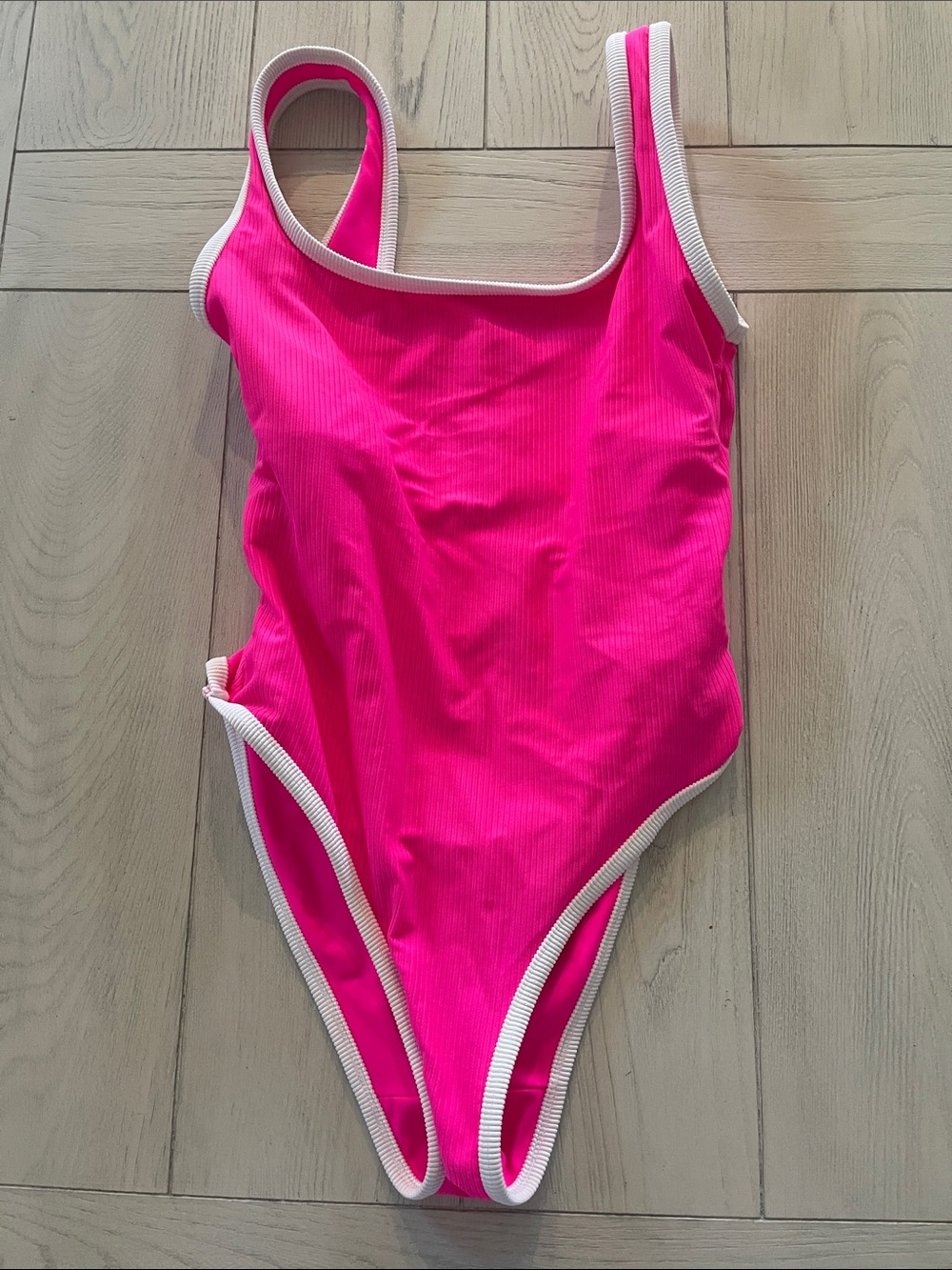 LainSnow Hot Pink Ribbed One-Piece Swimsuit with Cream Trim
